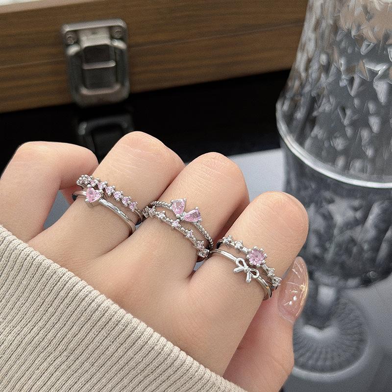 Dream Sweet Cool Girl Pink Love Bow Diamond Zir*****Pen Ring Light Luxury Niche Premium Ring