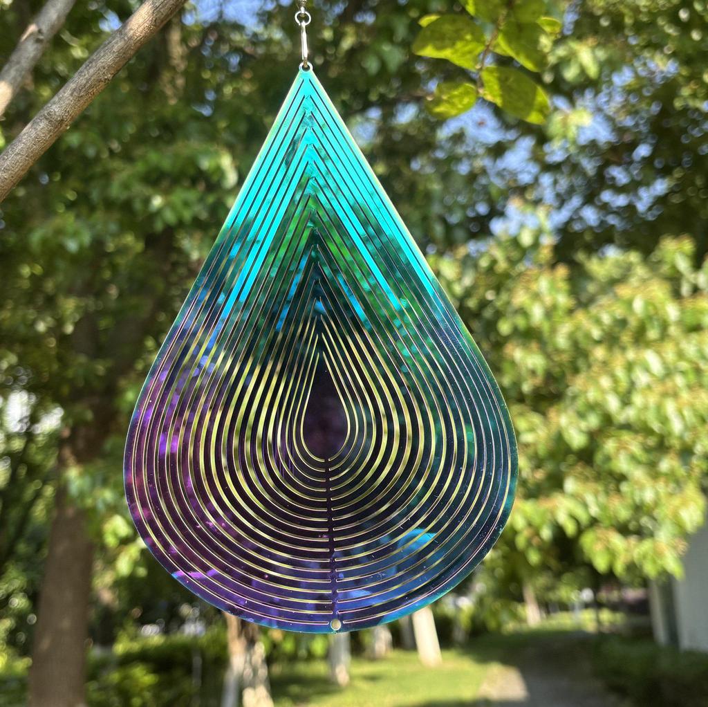 Colorful Silver Stainless Steel Raindrop Wind Spinner - 3D Foldable Ornament for Home and Balcony.