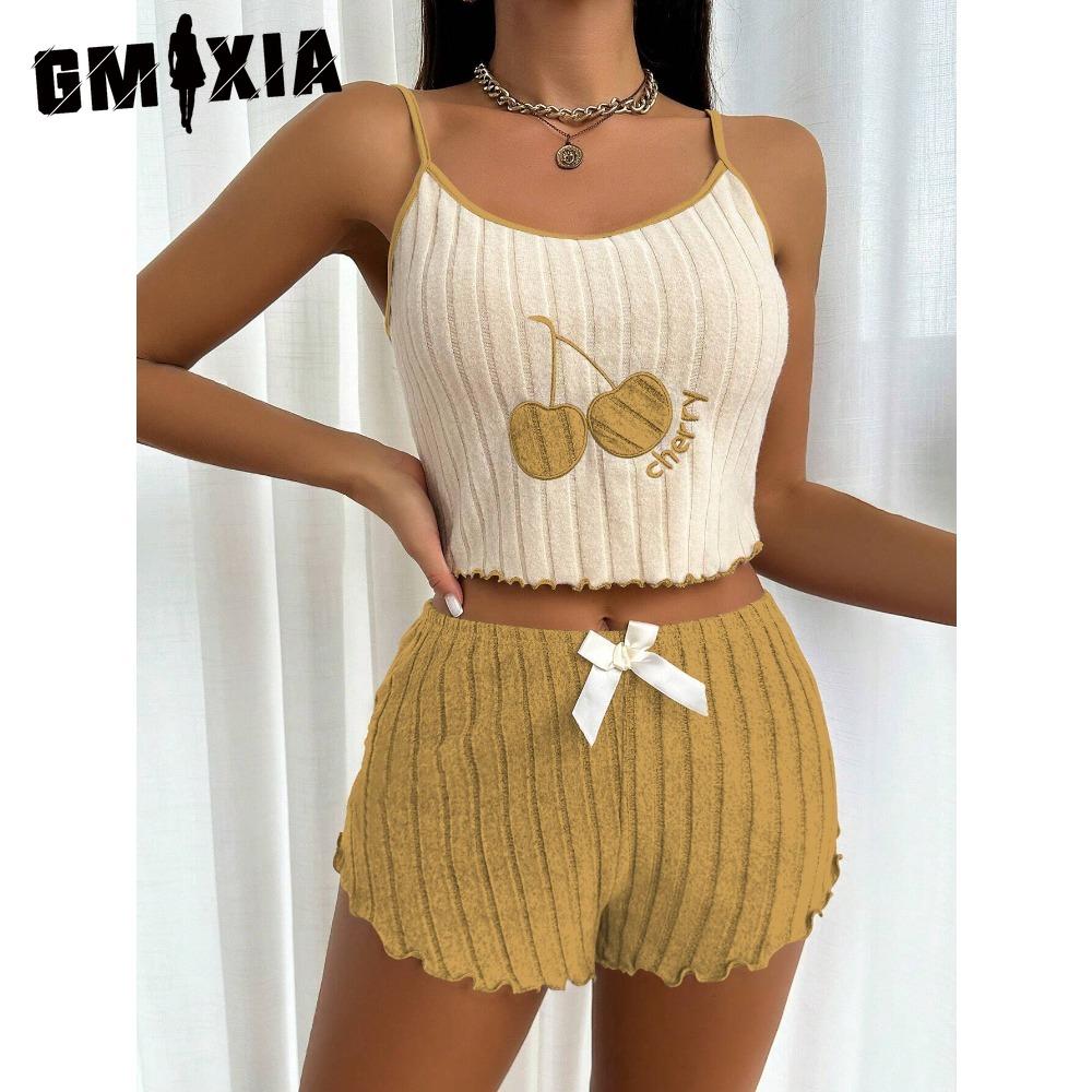 

GMXIA Вышитая пижама женская флисовая майка жилет шорты комплект домашняя одежда S жёлтый