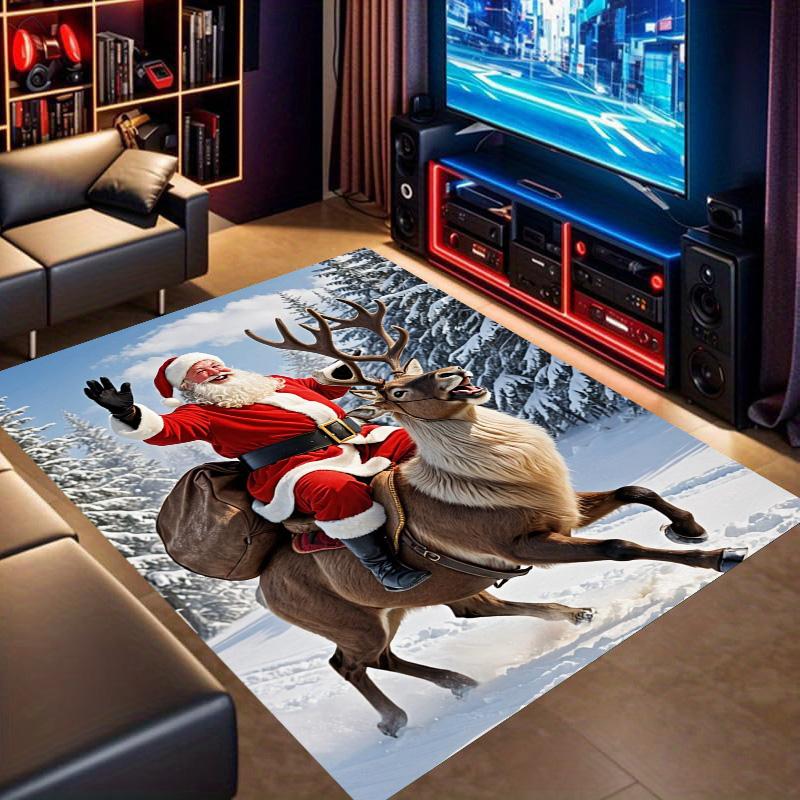 Santa Claus Riding Reindeer Snow Winter Forest Scene Print Area Rug Non‑Slip Rectangular Floor Mat Home Decor