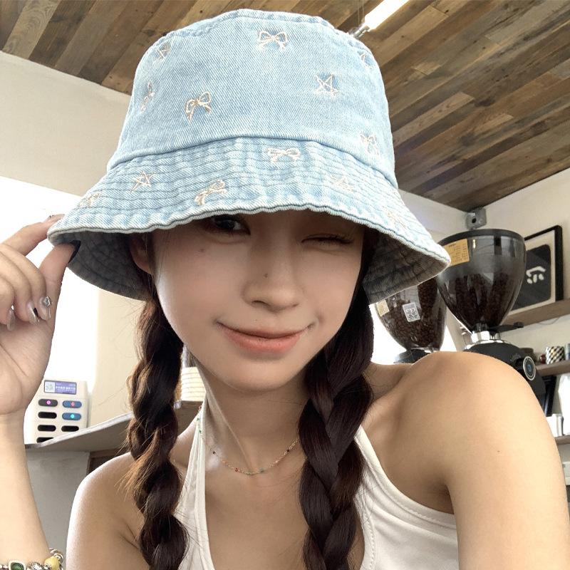 Summer Versatile Bow Embroidery Retro Old Cowboy Fisherman Hat Women Sun Protection Sun Protection Showing Face Small Basin Hat