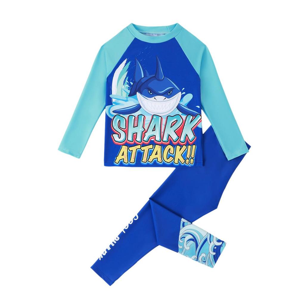 Traje de baño de dos piezas de manga larga con estampado de tiburones para niño - Estilo 2025