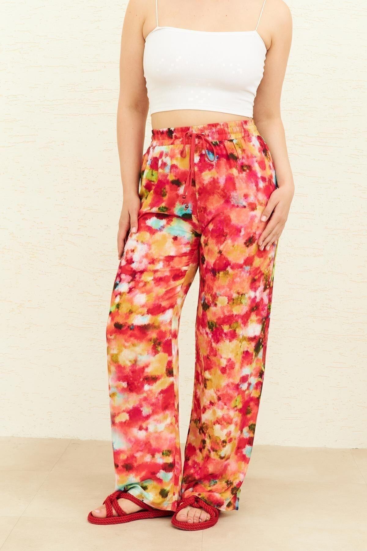 

Women s Style Plus Size Pants Red Patterned Wide Leg Trousers 2XL