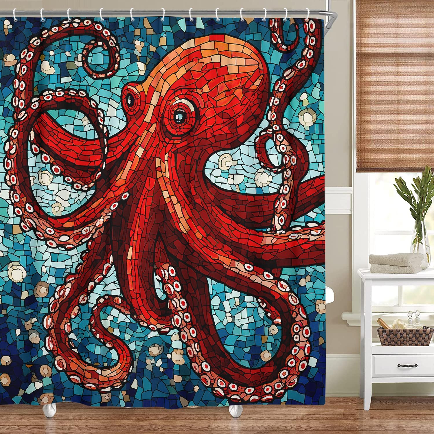 Octopus Shower Curtain for Bathroom, Cool Ocean Nautical Red Kraken Fabric Shower , Trippy Funny Restroom Decor Accessories 90x180CM белый