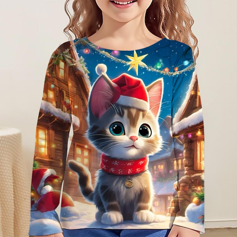 Children's Clothing Long Sleeve Cat Print O-Neck Kids Spring Fall Clothes Fashion Cartoon Girls Clothes T-Shirt Streetwear Tops