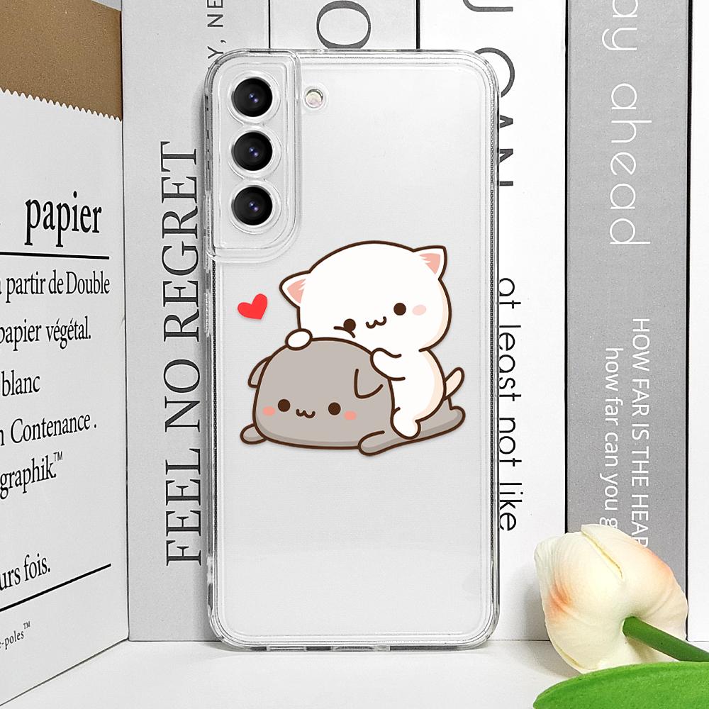 Funny Cartoon Peach Mochi Cat Phone Case for Samsung Galaxy S24 S23 S22 S21 S25 Ultra Plus FE 5G Clear Soft Covers Couple Fundas