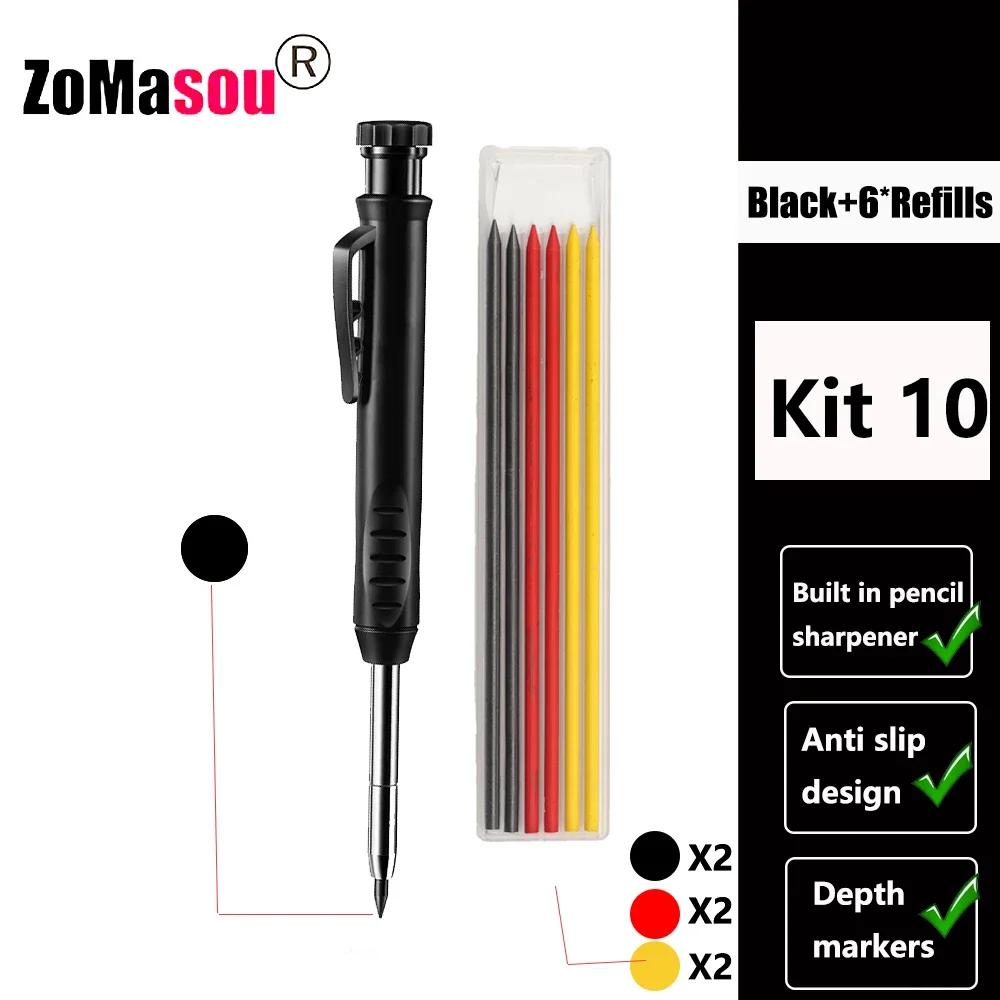 Reuseable Long Head Deep Hole Markers Pen Pencils Solid Carpenter Refill Leads Built-in Sharpener Woodwork Construction Tools