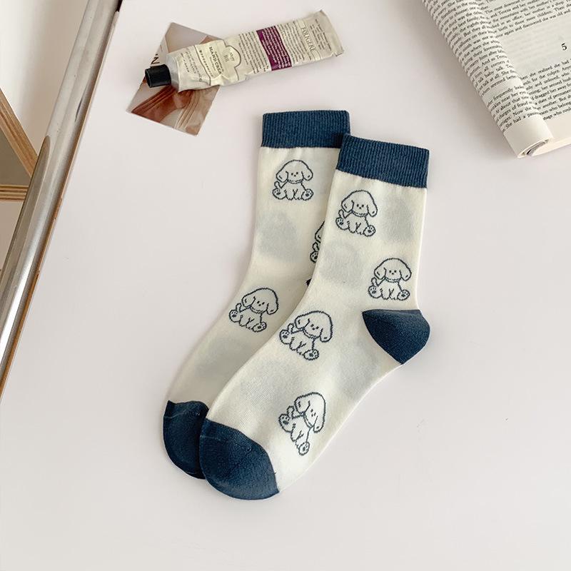 

Женские мультяшные гольфы до середины икры в студенческом стиле: Милый синий, всесезонный чистый хлопок, бесшовный дизайн One Size