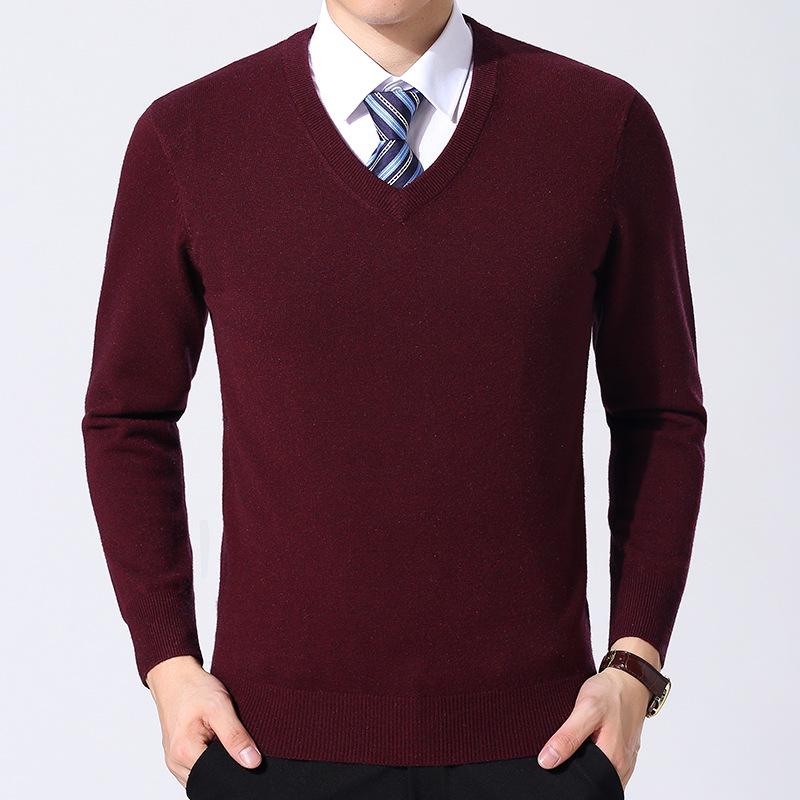 Men's V-Neck Winter Knit Sweater - Middle-Aged Thick & Warm Pullover