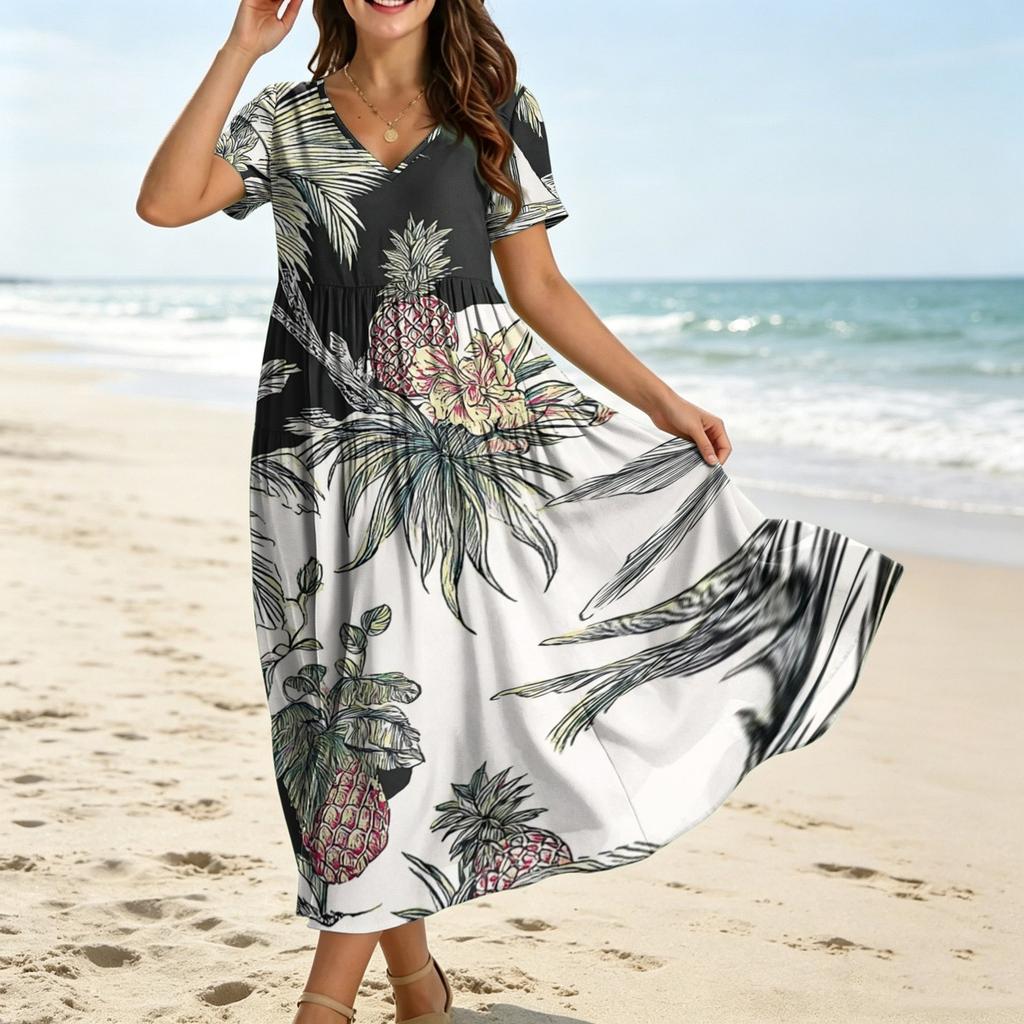 Robe longue à fleurs style bohémien pour femmes, décontractée, ample, manches courtes, longue, Maxi, robe de plage, été