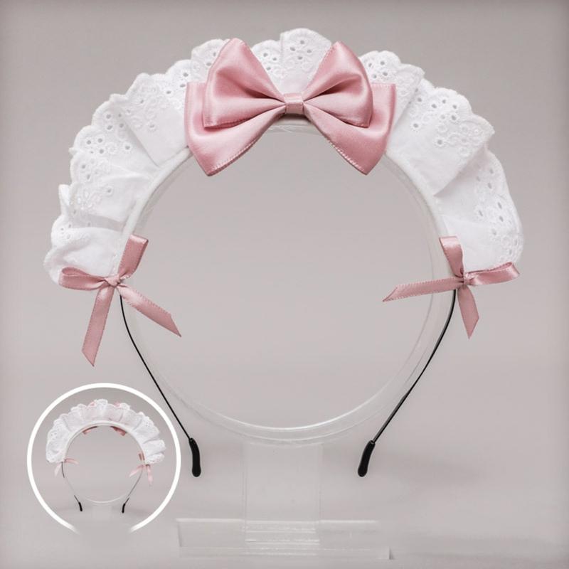 Lovely Sweet Hairband Anime Maid Cosplay Headband Lolita Ruffled Lace Headwear Handmade Satin Bowknot Hair Accessory
