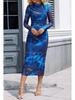 Women's Long-Sleeve Tie-Dye Pleated Cocktail Dress with Stand-Up Collar
