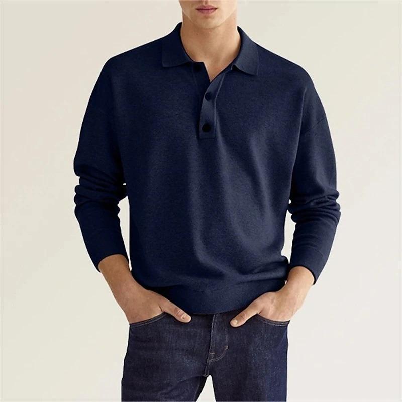 Spring and Autumn Long Sleeve V-Neck Buttons Men's Casual Top Polo Shirt
