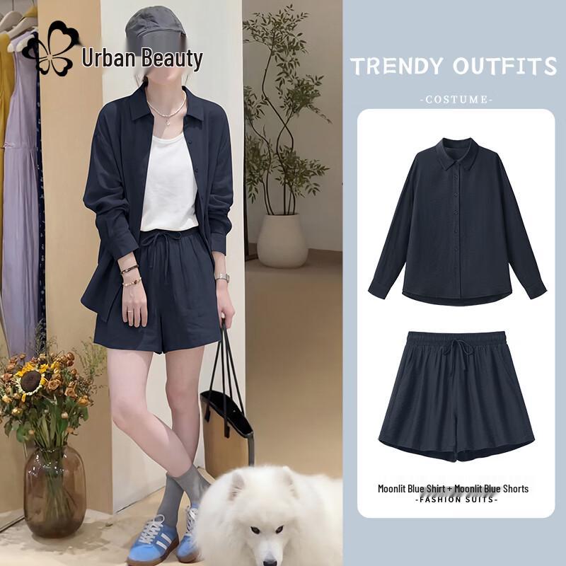 

Women s Summer Linen Blend Polo Shirt & Shorts Two-Piece Set M