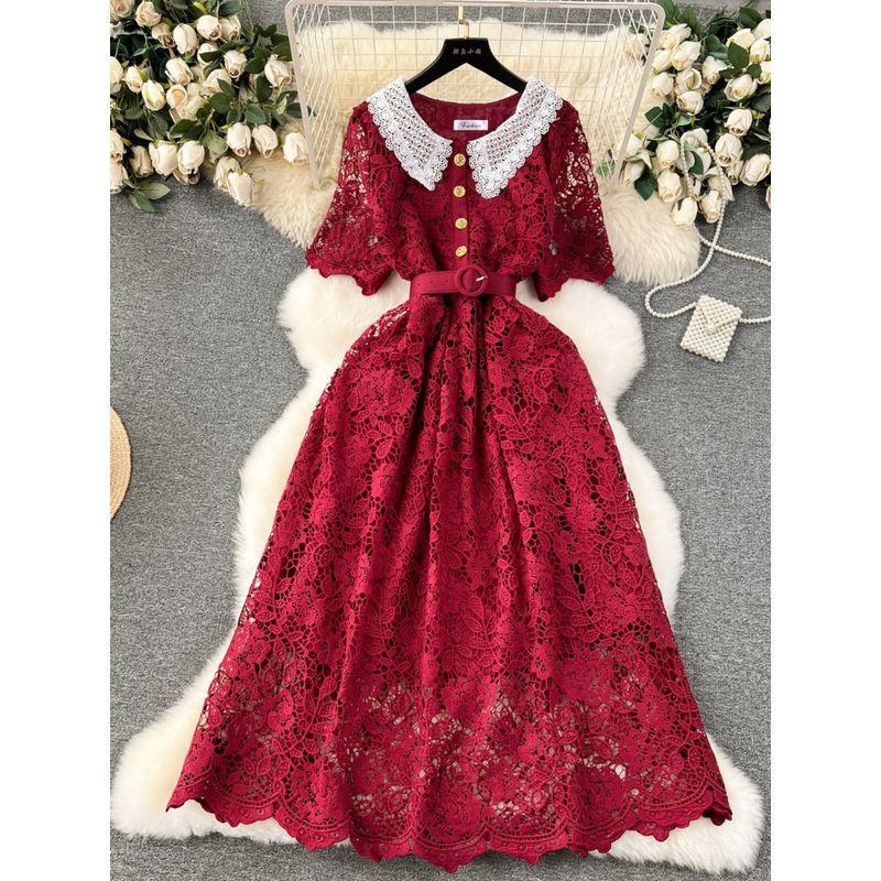 French Dress Female 2024 New Arrival Sweet Contrast-Color Doll Collar Breasted Silm Mid Length Long Length Lace Formal Dress