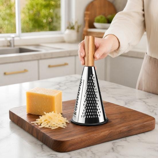 Vertical Cone Cheese Grater, Food Grade Stainless Steel Shredder for Parmesan, Wood Handle Vegetable Fruit Planer