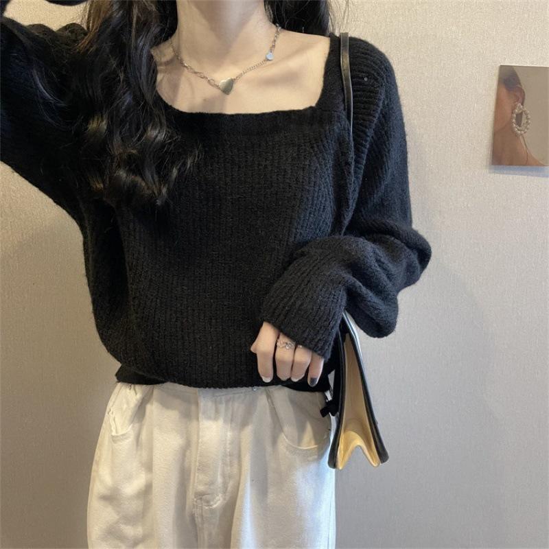 Women's Thickened Lantern Sleeve Sweater - Autumn/Winter Square Collar Trendy Design