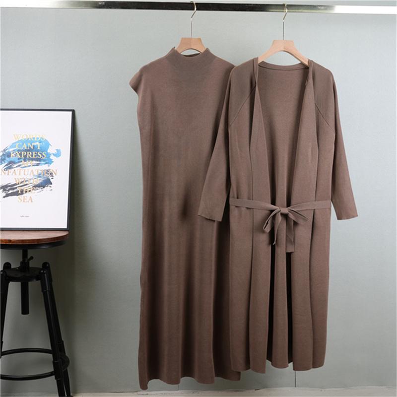 Women's Autumn Fashion Long Knitted Cardigan Suit, Sleeveless Vest Dress Paired with Long Knitted Cardigan Two-piece Set