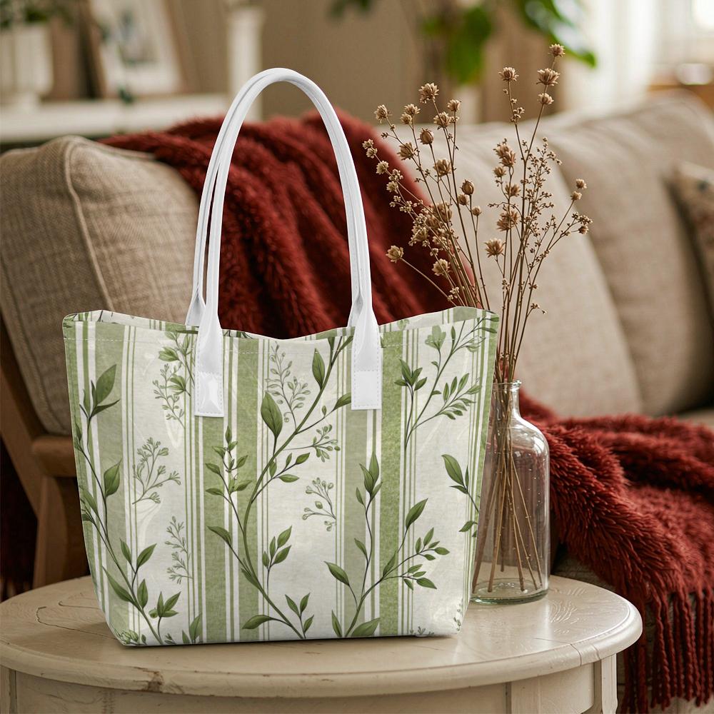 Elegant Green Leaf Striped Tote Bag Ladies Casual Daily Shoulder Bag