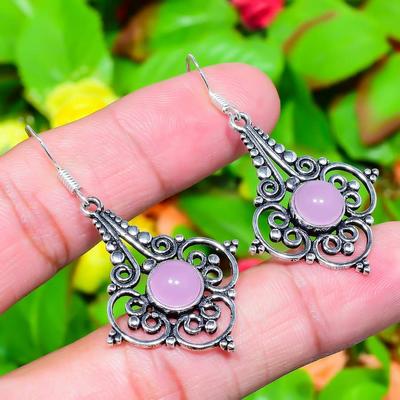 Natural Rose Quartz Gemstone Handmade 925 Sterling Silver Earring 1.97" L8l27