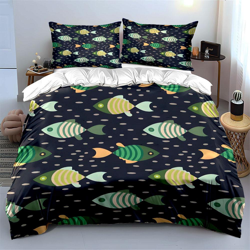 Striped Fish Pattern Design Bedding Duvet Cover Set (1*Duvet Cover 2*Pillowcases, without duvet insert)