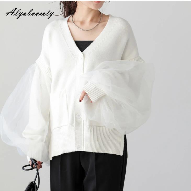 

Корейский Ульцзанг Осень Зима Женский Кардиган V-образный вырез Белый Черный Розовый Оверсайз Вязаное Пальто Сетчатый Рукав Фонарик Вязаное Пальто с Карманами One Size