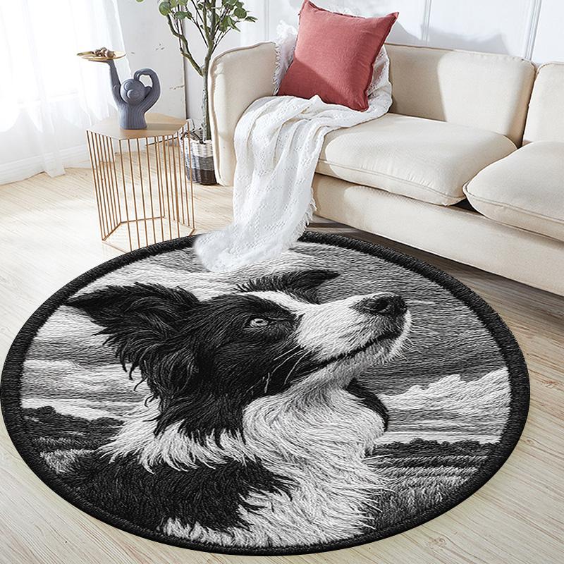 Border Collie Runder Teppich, Teppich für Wohnzimmer Schlafzimmer Sofa Spielzimmer Dekoration, Rutschfeste Bodenmatte