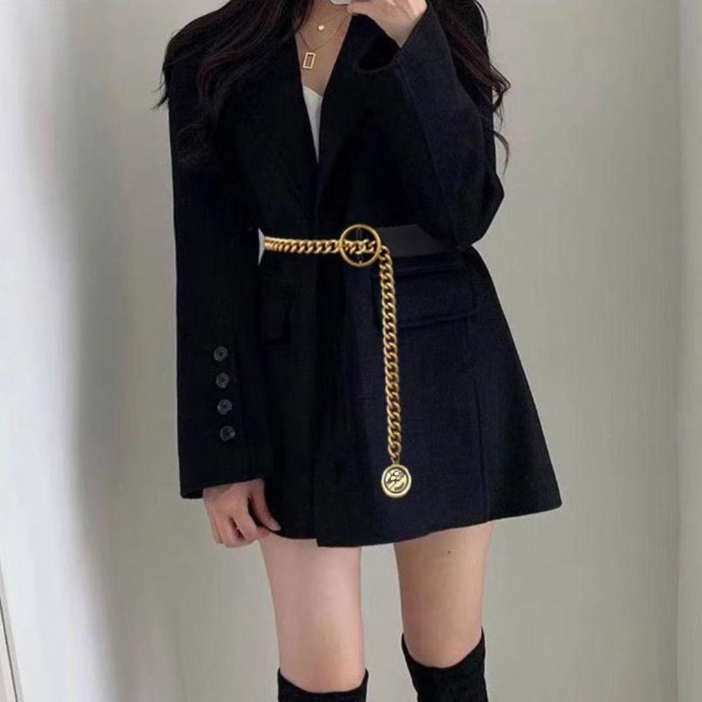 Slim Side PU Leather Belt Metal Buckle Dress Chain Retro Thin Waist Chain  Waist Accessories