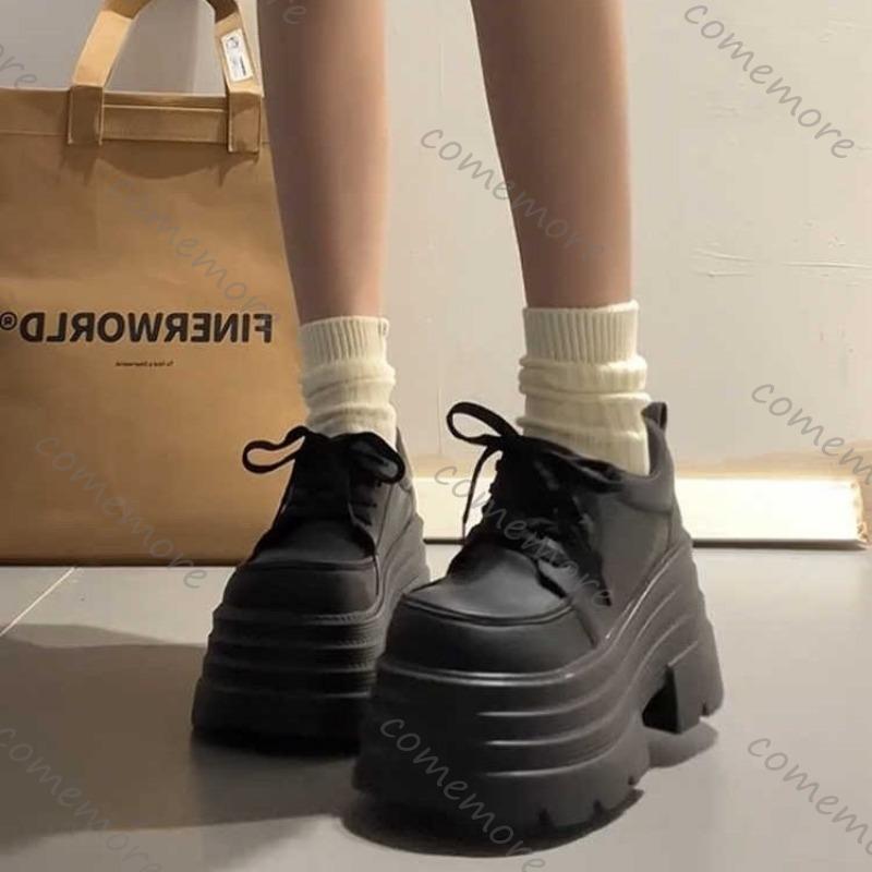 Fashion Comemore British Style Height Increase Loafers New Thick Bottomed Lace-up Leather Pumps Black Chunky Heel Mary Jane Single Shoes