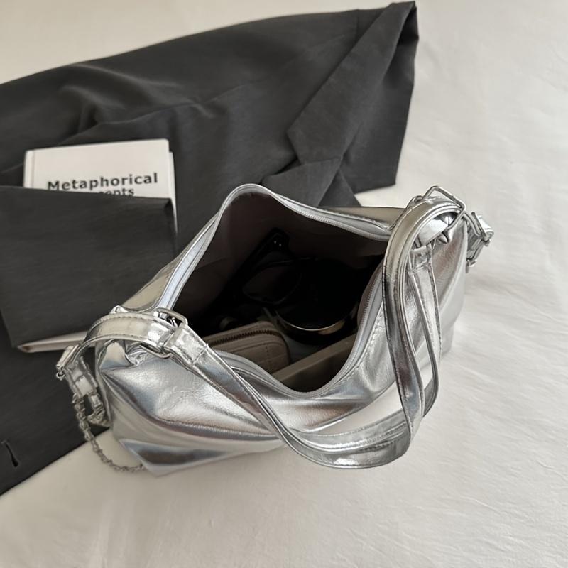 Stylish Silvery Large Capacity Handbag Versatile Crossbody & Shoulder Carry, Durable with Polyester Lining, Zipper Closure
