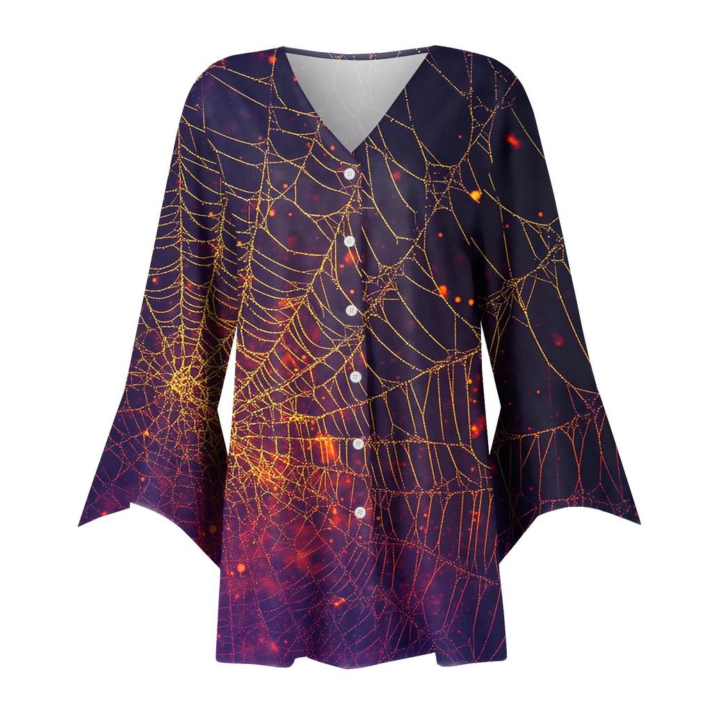 Damen Locker Lässig Bedruckt Siebenärmel Knopfleiste Hemd Strickjacke Top