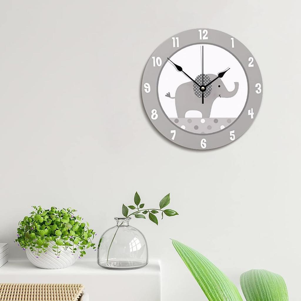 ArogGeld Gray and White Elephant Wall Clock Nursery Wood Clock 10 Inch Silent Non-Ticking Wooden Wall Clocks Battery Operated Living Room Bedroom