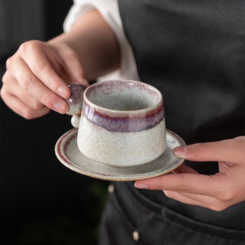 Ensemble Tasse à Café et Soucoupe en Céramique Créative, Tasse à Eau Ronde Rétro à Changement de Four, Tasse en Céramique de Poterie Grossière pour le Thé de l'Après-Midi