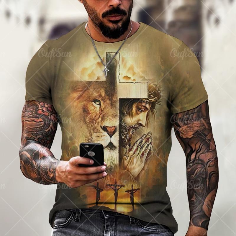 Christ Jesus T-Shirts for Men 3D Lion Printed T-Shirt Summer Clothes Short Sleeve Streetwear Vintage