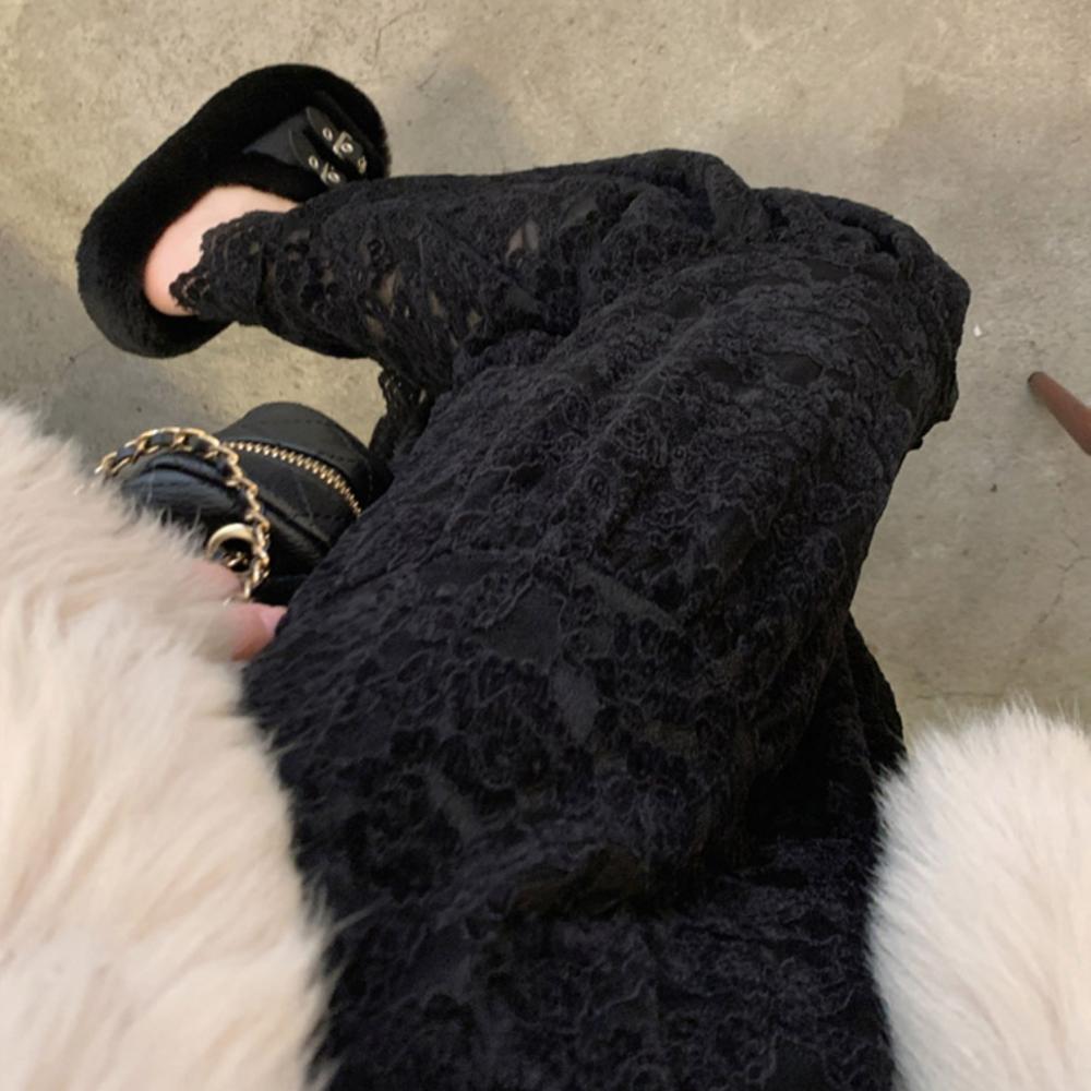 Fleece-Lined Lace Tiered Long Skirt – Cream/Black, From Korea