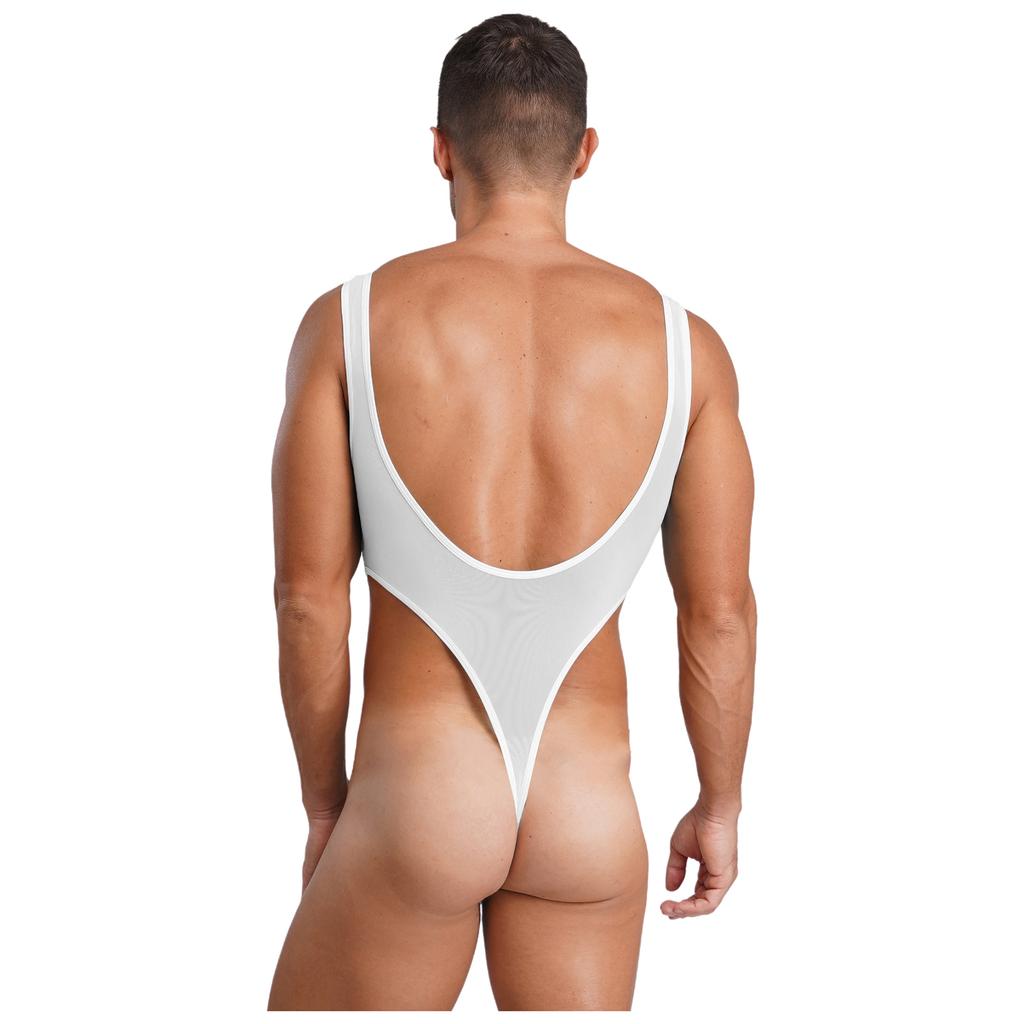 Herren Durchsichtiges Netz Ärmellos Offener Rücken Beutel Hoher Beinausschnitt Einteiler Bodysuit Jumpsuit