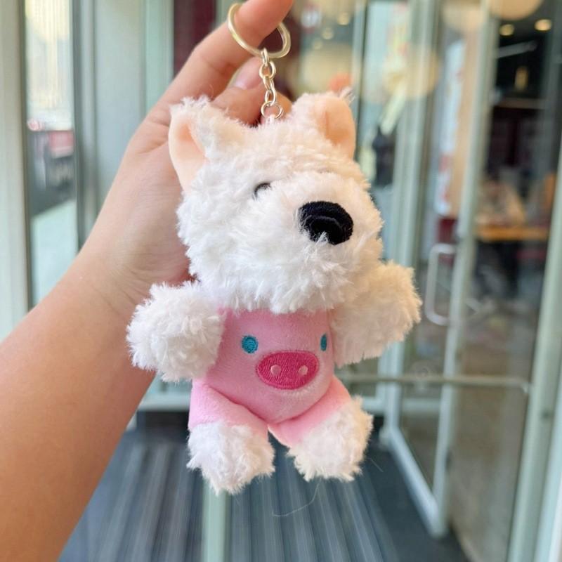 Stuffed West Highland Terrier Plush Keychain With Pearl Chain And Gold Keyring For Bag And Car Accessories