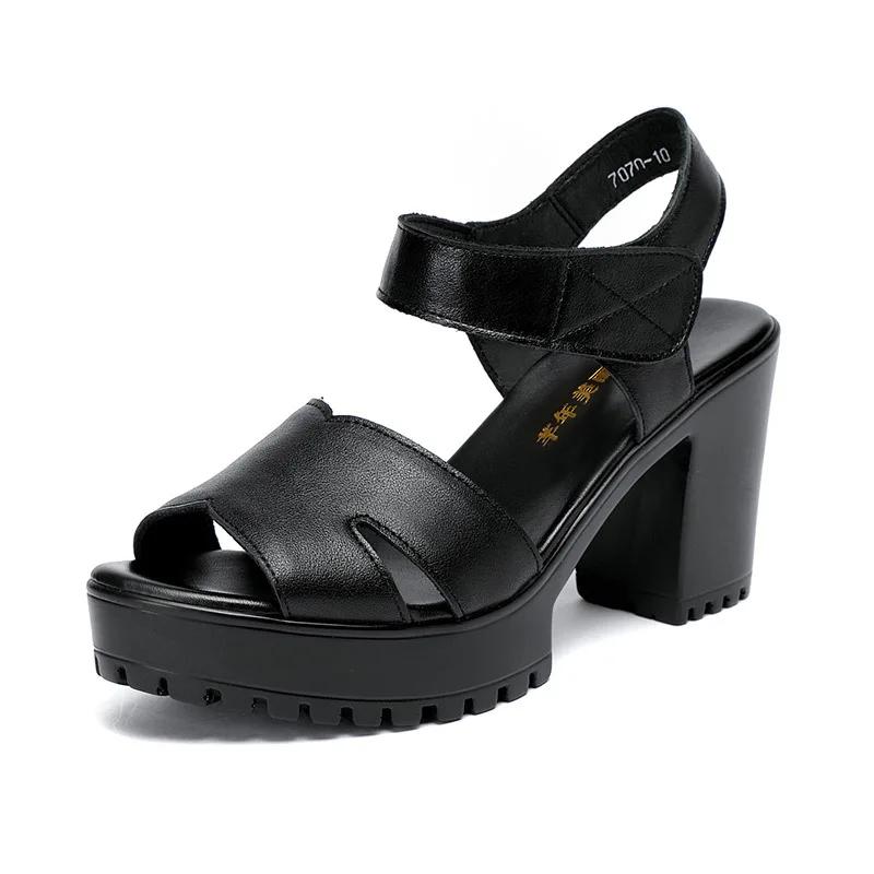 Small Size 32-43 Elegant Genuine Leather Shoes Women Summer Platform Sandals 2025 Block High Heels Sandals Women Office Mother