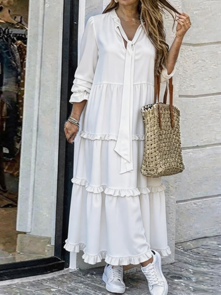 Women Casual Solid Color V Neck Long Sleeve Ruffle Tiered Maxi Dress S