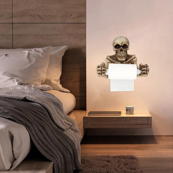 Creative Skull Toilet Paper Holder Wall Mount Paper Rack Simple Installation Halloween Skull Tissue Dispenser Bathroom Decoration