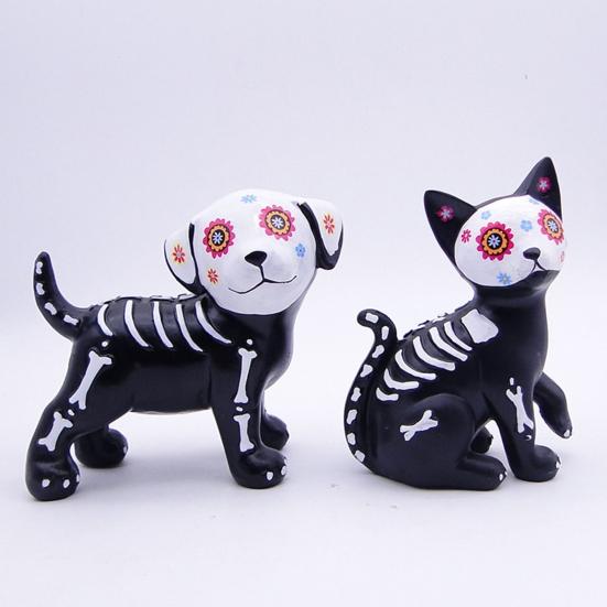 Tag der Toten Hund Katze Figur Halloween Schädel Tier Statue Harz Skelett Skulptur für Heim Schreibtisch Dekoration