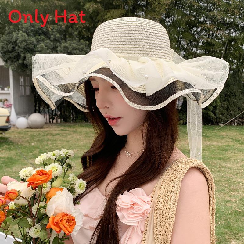 Straw Sun Hat With Wide Brim And Pearl Bow For Summer Beach Vacation