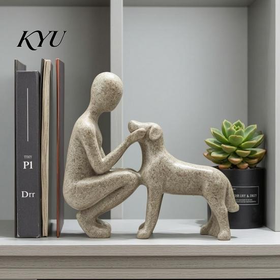 Dekorative Regalstatue für Haustierverlust, Abstrakte Mensch-Hund Harzfigurine, Sandsteinstruktur Bindungsskulptur, Gedenk-Souvenirs, Elternhaus