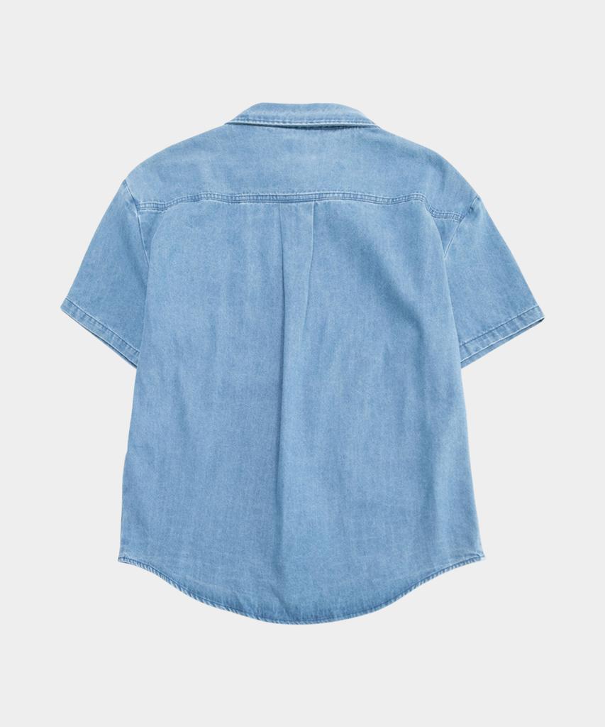 SOMEPLACE MAN Washed Denim One Pocket Snap Short Sleeve Collar Loose Oversized Half Shirt [Light Blue]
