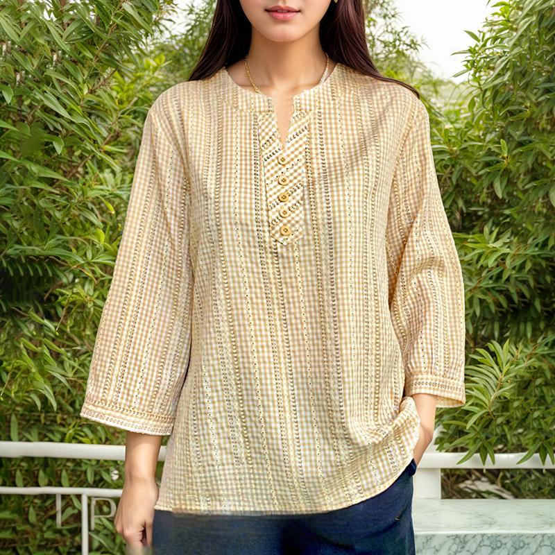 ZANZEA Women Casual Round Neck Grid Print Loose 3/4 Sleeve Blouse