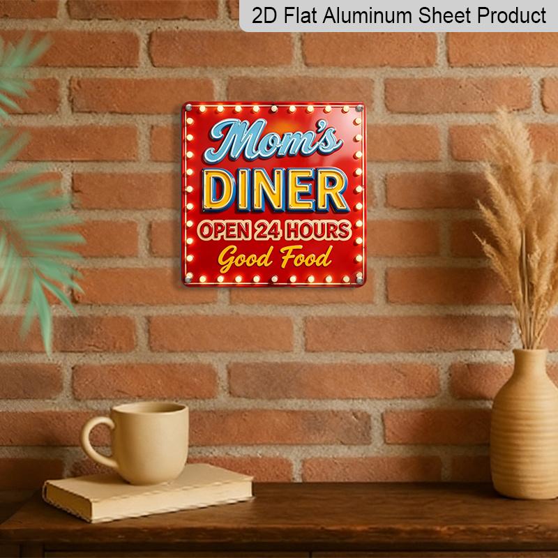 2D Flat - 1pc, Vintage Metal Aluminum Decorative Sign and Plaque, Wording Sign 'Mom's Diner Open 24 Hours Good Food', Retro Decoration Sign for Mom'S