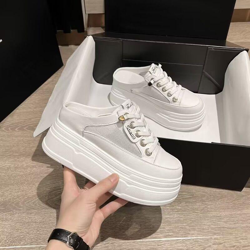 Casual Shoes 2025 Summer Hot Item Mesh Half Drag White Shoes Women's Casual Thick Soled Toe Cap Women's Shoes