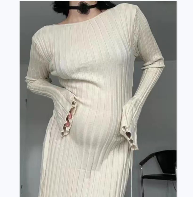 

Осеннее облегающее трикотажное платье в полоску для беременных - Круглый вырез, Длинный рукав Small