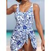 Sexy Blue and White Porcelain Swimsuit One Piece Conservative Floral Print Tie Bow Mini Dress Culottes Bikinis Padded Swimwear