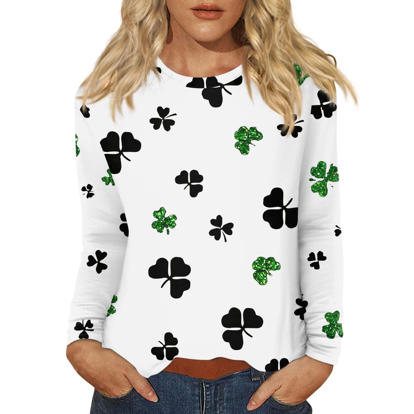 

Женская повседневная повседневная рубашка с длинным рукавом. Топ с круглым вырезом и принтом ко Дню Святого Патрика M белый